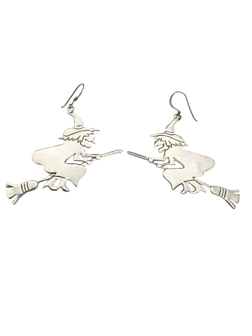 Sterling Silver 925 Witch On Broom Dangle Earrings, French Hook J892